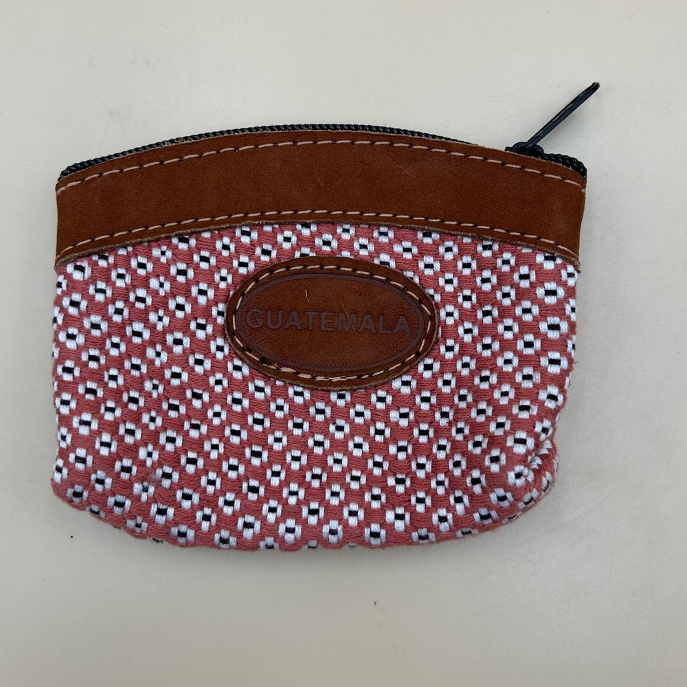 Guatemala Woven Textile Coin Purse Suede Leather Trim Red Geometric Pouch
